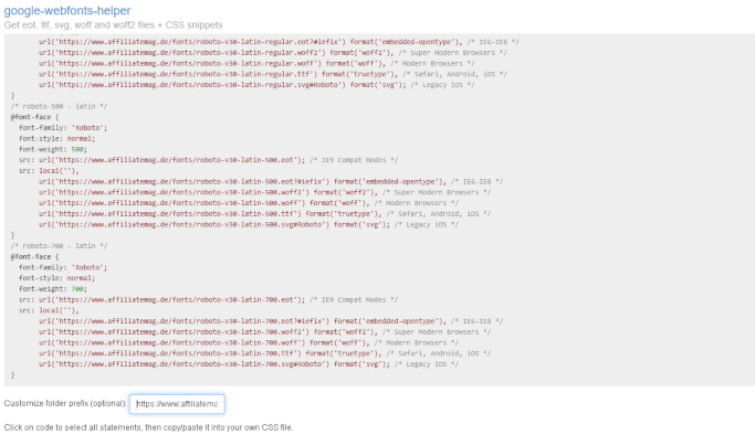 Füge den CSS-Code von Google Webfont Helper in den Customizer (alternativ per Plugin) ein